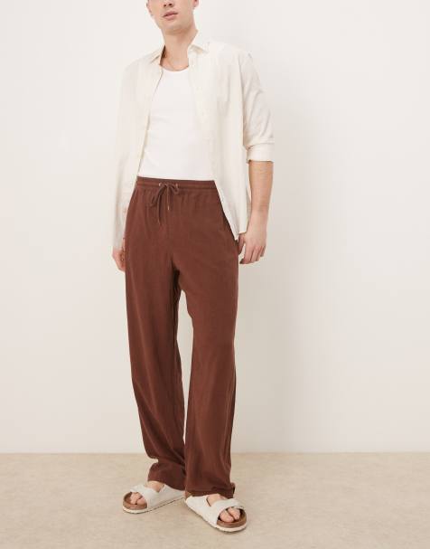 ASOS DESIGN baggy fit pull on linen rich trouser in brown - view 1