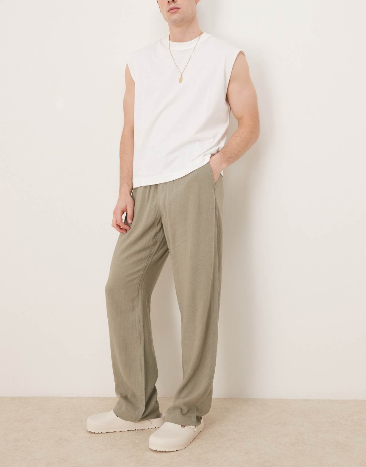 ASOS DESIGN baggy fit pull on linen rich trouser in khaki