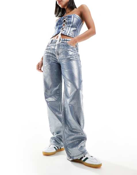 ASOS DESIGN  baggy  jean in metallic silver - view 1