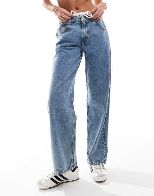 ASOS DESIGN mid rise baggy boyfriend jeans with boxer waist in lightwash blue