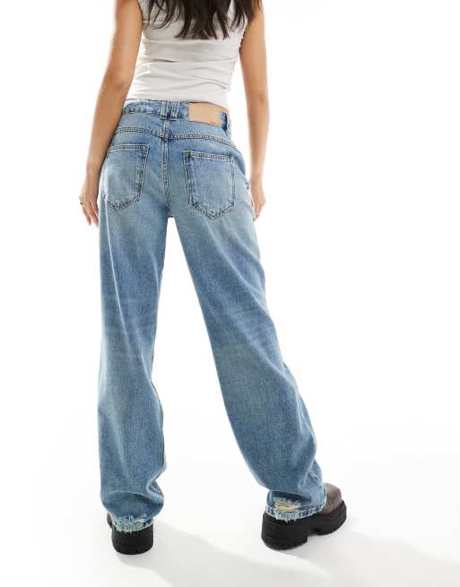 ASOS DESIGN baggy jean with rips in mid blue
