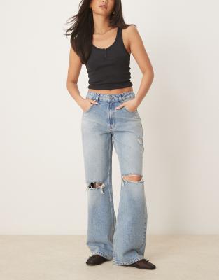 Asos Design Baggy Jean With Rips In Mid Blue
