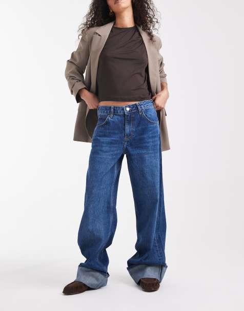 ASOS DESIGN baggy jean with turn up hem in dark mid blue - view 1