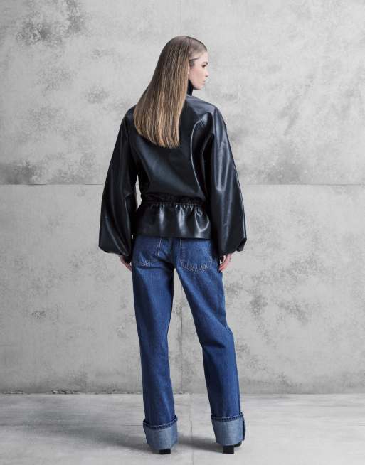 ASOS DESIGN baggy jean with turn up hem in dark mid blue, 2 of 4