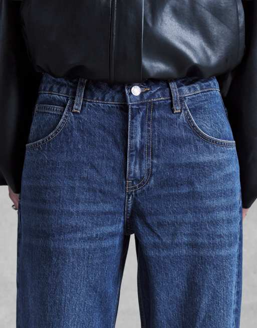 ASOS DESIGN baggy jean with turn up hem in dark mid blue, 3 of 4