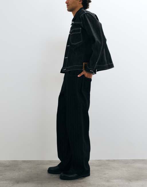 ASOS DESIGN baggy jeans in black with stripe detail, 2 of 5