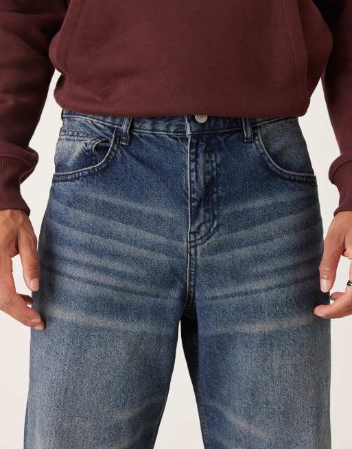 ASOS DESIGN baggy jeans in dark wash blue with abrasions, 4 of 5