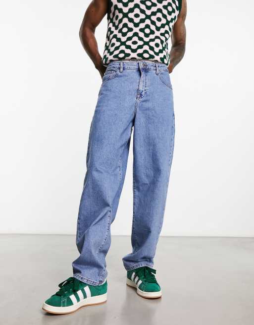 ASOS DESIGN baggy cargo jeans in mid wash blue