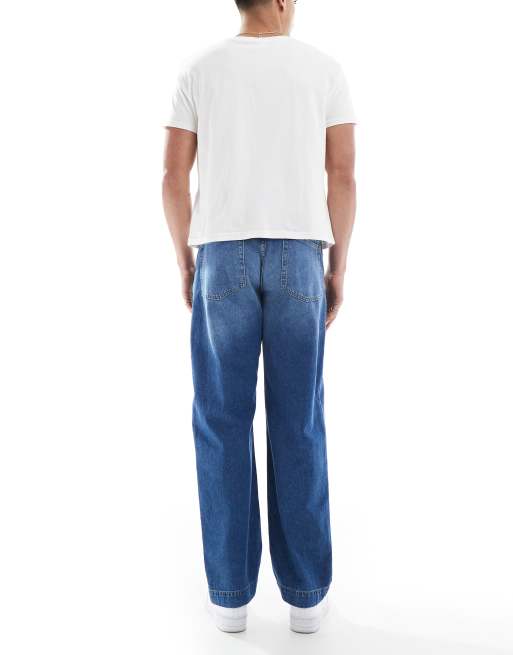ASOS DESIGN baggy jeans in midwash blue with tie
