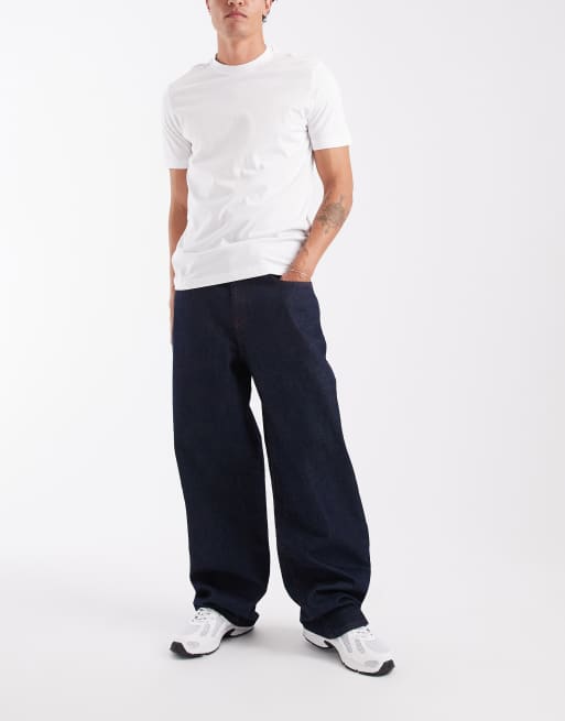 ASOS DESIGN baggy jeans in raw indigo with contrast red stitch, 2 of 5