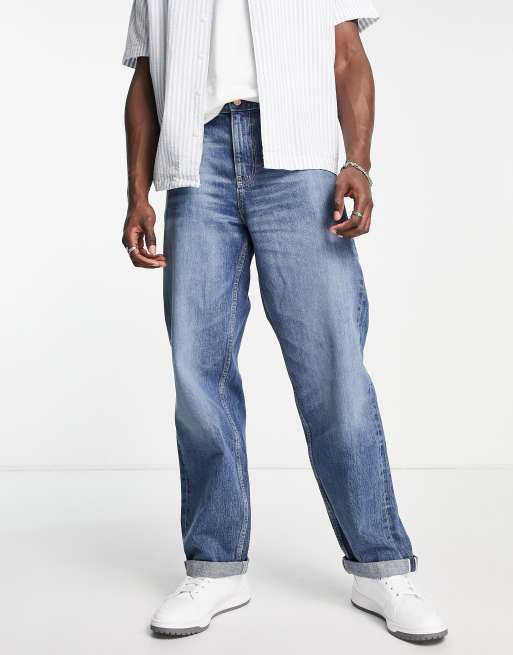 ASOS DESIGN baggy jeans in selvage denim in mid wash 