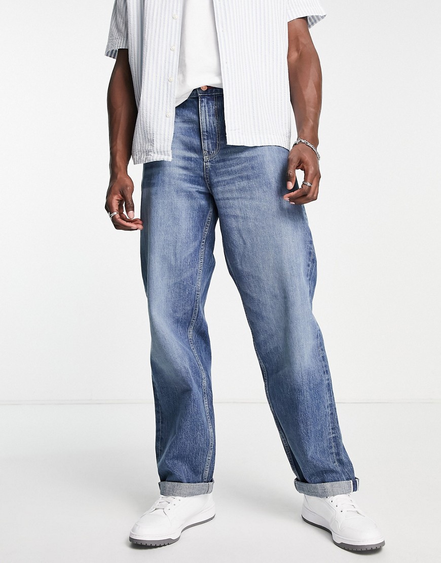 ASOS DESIGN baggy jeans in selvedge denim in mid wash-Blue