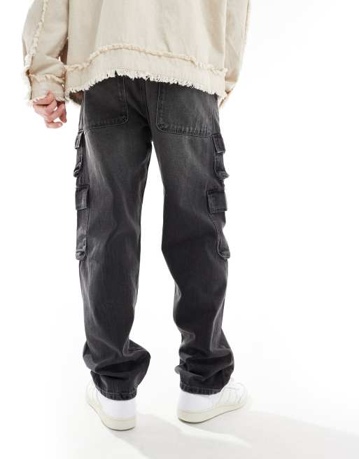 ASOS DESIGN – Baggy-Jeans in verwaschenem Schwarz mit Cargo-Detail, 3 von 5