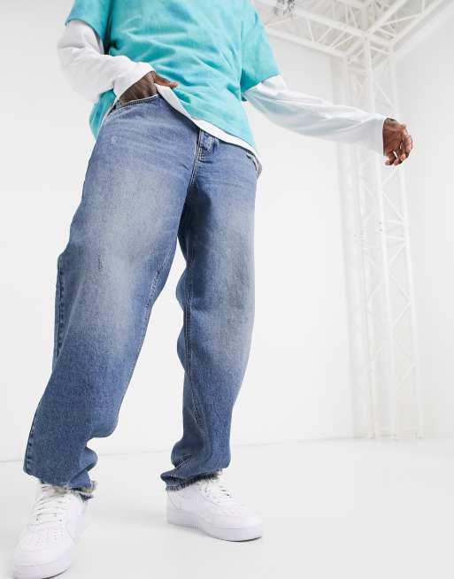Asos Design Baggy Jeans In Vintage Dark Wash Blue With Heavy Rips Asos