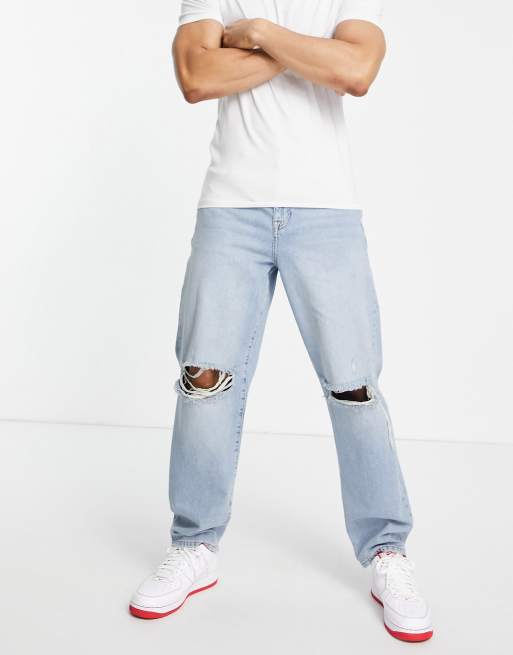 Asos Design Baggy Jeans In Vintage Light Wash With Knee Rips Asos