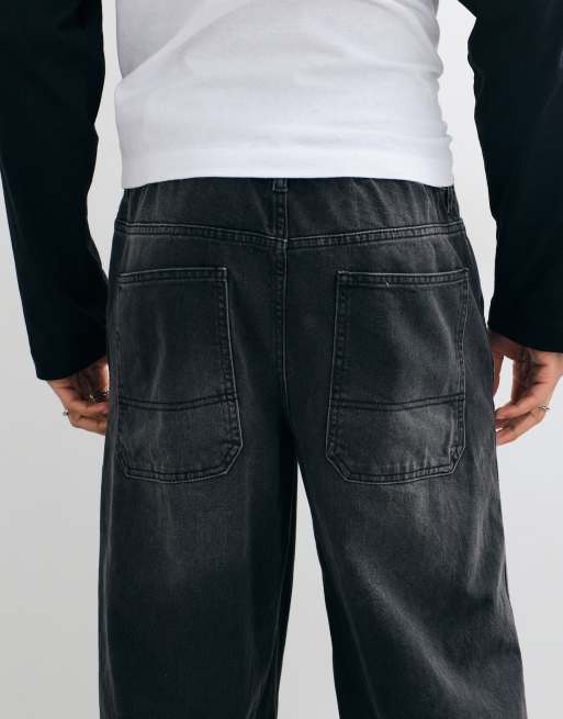 ASOS DESIGN baggy jeans in washed black with rips and elasticated waist, 5 of 5