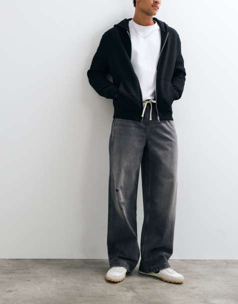 ASOS DESIGN baggy jeans in washed black with tie waist - view 1