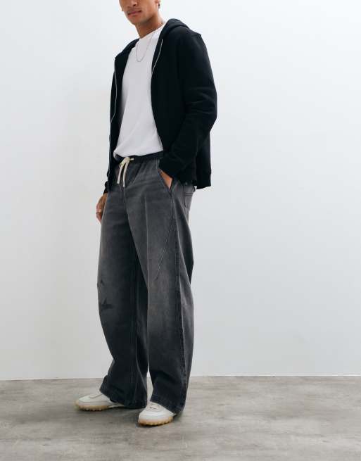 ASOS DESIGN baggy jeans in washed black with tie waist, 2 of 9