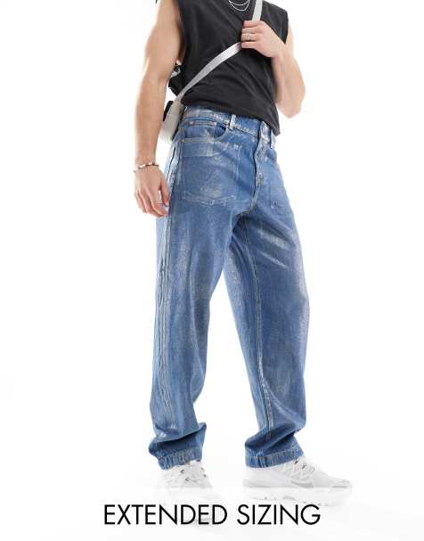 ASOS DESIGN - Baggy jeans med sølvfarvet og metallisk folie i mellemblå vask - view 1