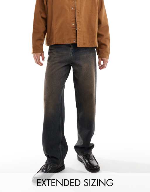 ASOS DESIGN - Baggy jeans met bruine tint en wassing in donkerblauw