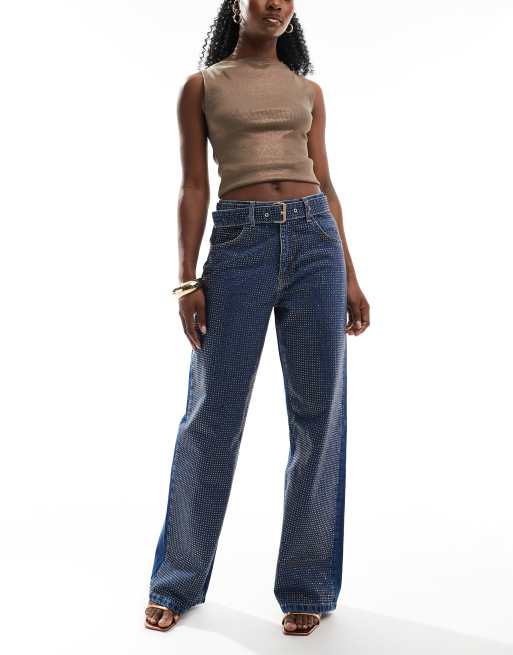 ASOS DESIGN - Baggy jeans met siersteentjes in goud en middenblauw