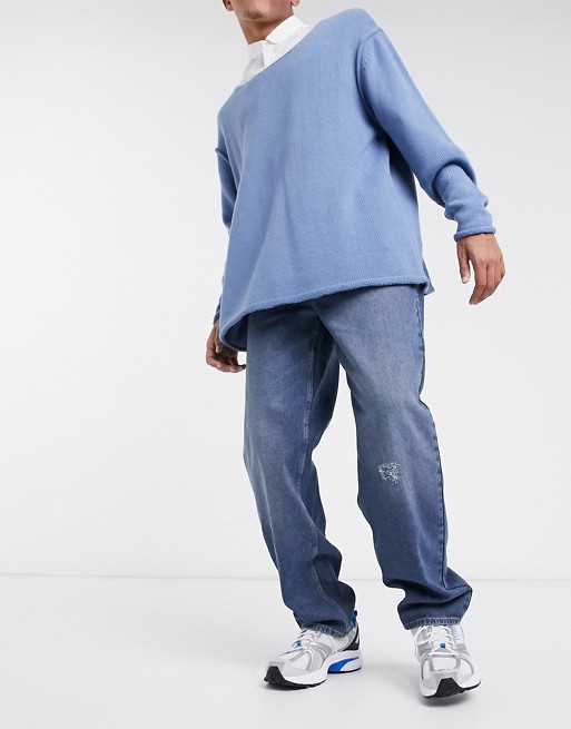 Asos Design Baggy Jeans Mit Dunkelblauer 90er Waschung Mit Abnutzungen Asos