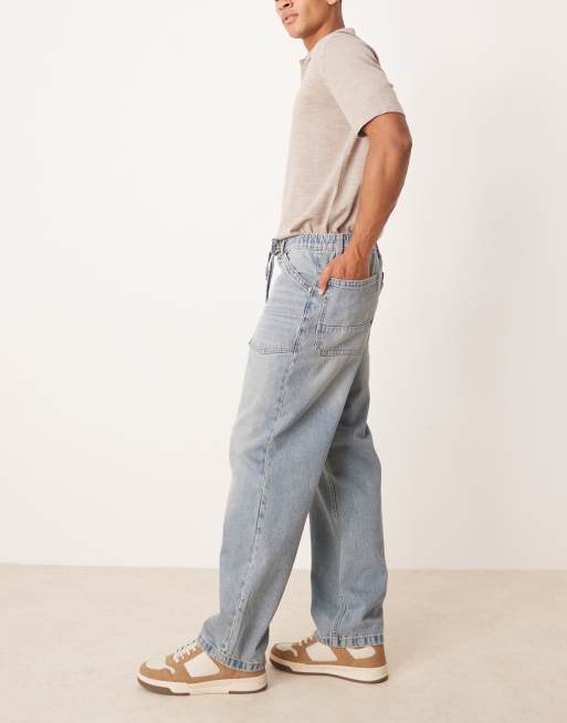 ASOS DESIGN baggy jeans with drawcord in light wash blue with tint, 3 of 5