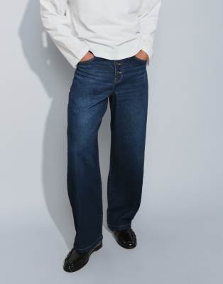 Asos Design Baggy Jeans With Exposed Buttons In Blue