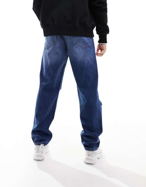 ASOS DESIGN baggy jeans with extreme rips in dark wash blue, 2 of 5