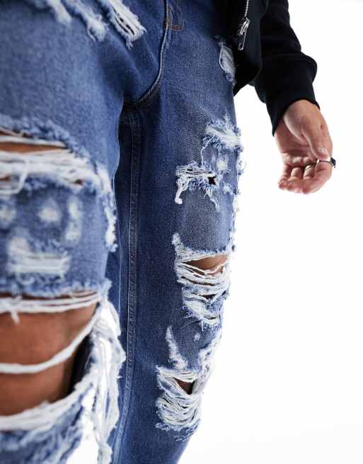 ASOS DESIGN baggy jeans with extreme rips in dark wash blue, 4 of 5