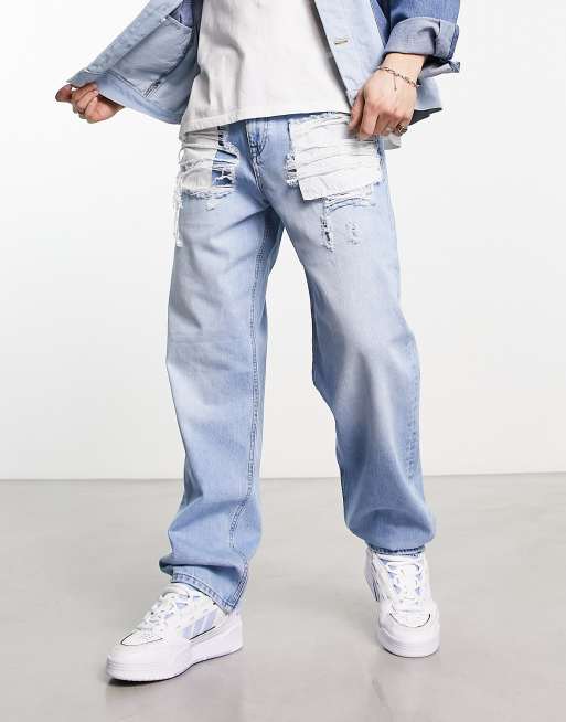 ASOS DESIGN baggy jeans in light wash blue with abrasions - ShopStyle