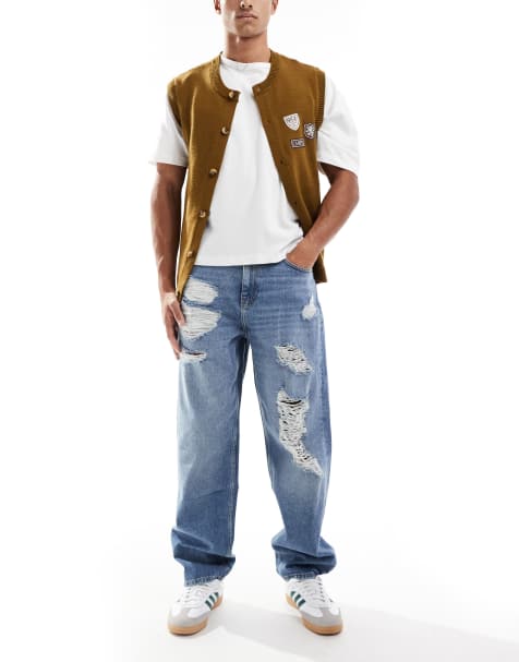 ASOS DESIGN baggy jeans with heavy rips in mid wash blue - view 1