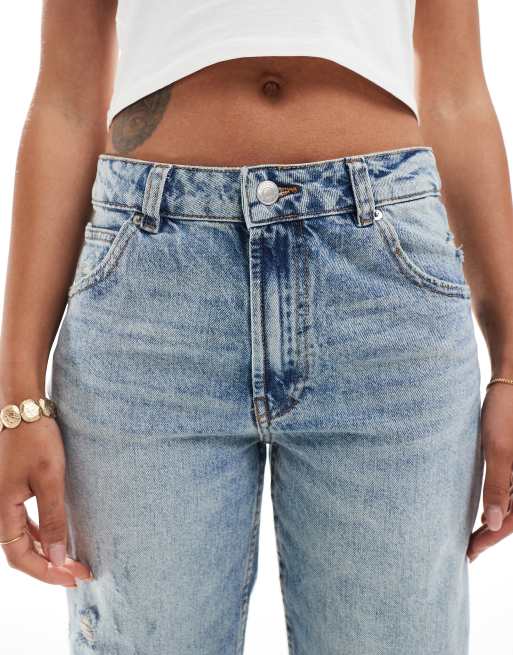 ASOS DESIGN baggy jeans with rips in light mid blue
