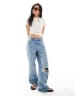 ASOS DESIGN grown on high neck gathered asymmetrical hem top in pastel blue