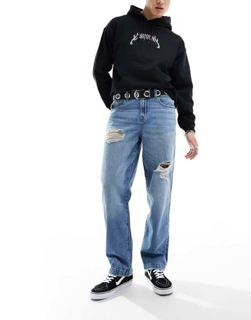 ASOS DESIGN baggy jeans with rips in mid wash blue