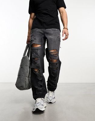 ASOS DESIGN baggy jeans with shredded detail in black