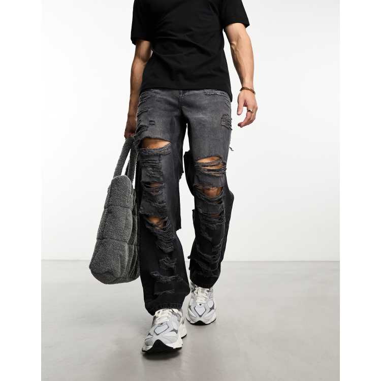 ASOS DESIGN baggy jeans with shredded detail black |