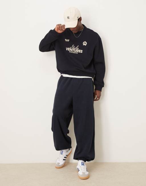 ASOS DESIGN - Baggy joggingbroek met ballonpijpen van geborstelde ribstof in marineblauw