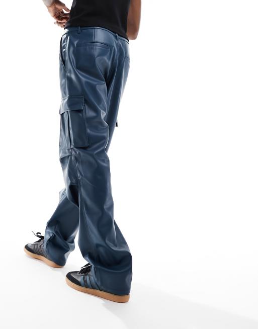 ASOS DESIGN baggy leather look cargo pants in blue