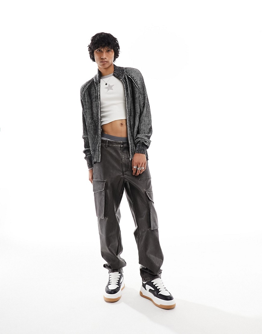 Asos Design Baggy Leather Look Cargo Pants In Washed Brown With Heavy Pocket Detail