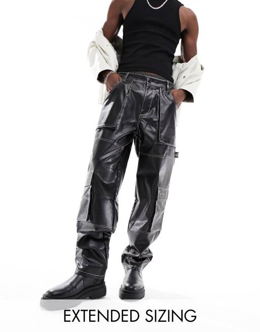 Experience Versatile Style with our Black Leather Cargo Pants