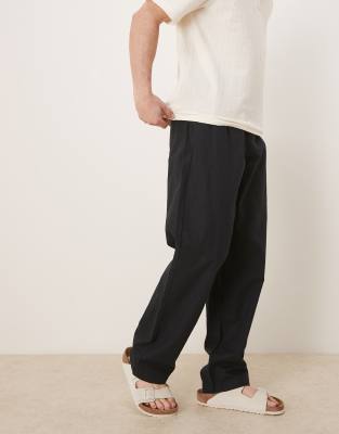 ASOS DESIGN baggy linen blend pants in black