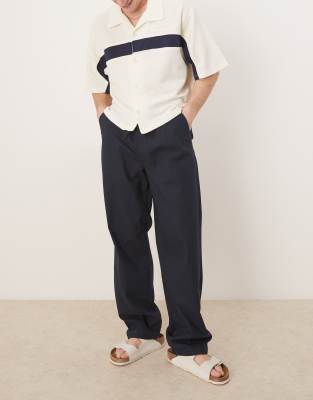 Asos Design Baggy Linen Blend Pants In Navy