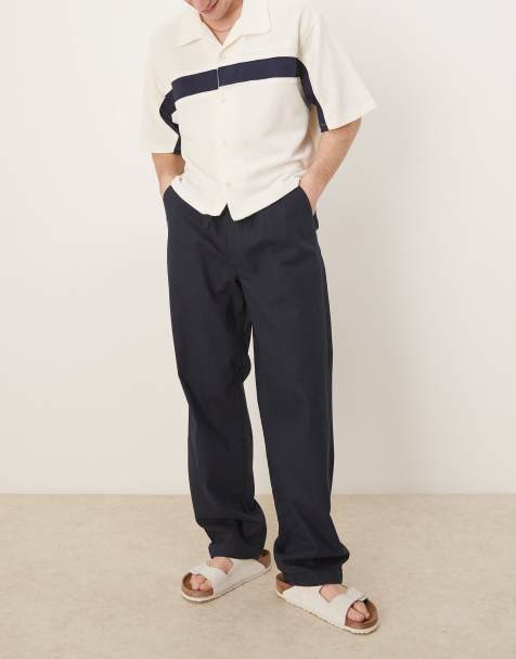 ASOS DESIGN baggy linen blend pants in navy - view 1
