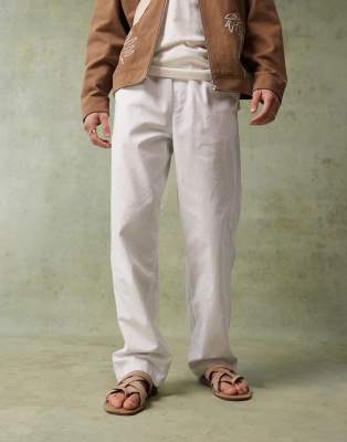 Asos Design Wide Leg Linen Mix Pants In Stone With Elastic Waist-neutral In White