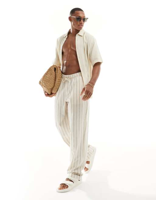 ASOS DESIGN baggy linen look pants in textured stripe with elasticated waist 