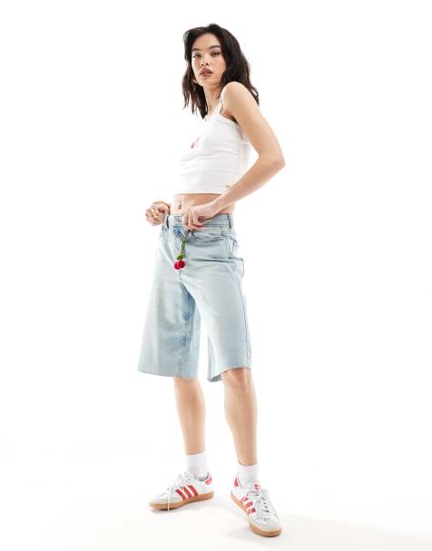 ASOS DESIGN baggy longline denim jorts in bleach wash - view 1