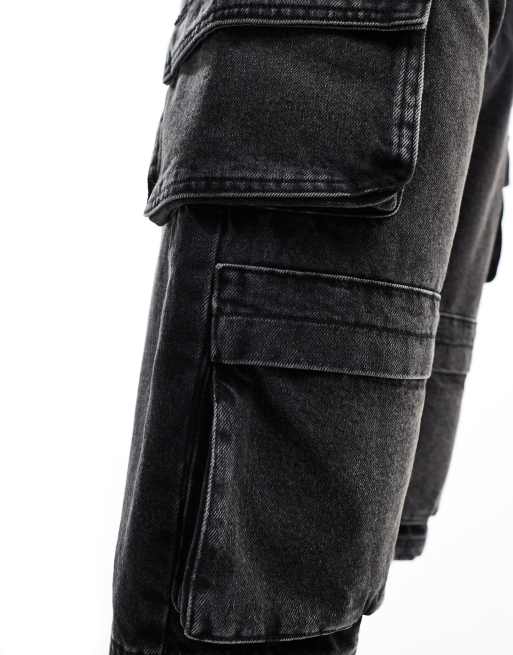 ASOS DESIGN baggy longline denim jorts with cargo pockets in washed black, 3 of 5
