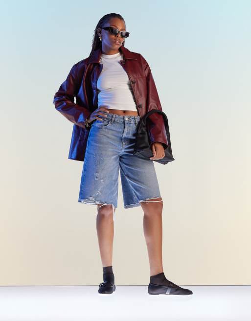 FhyzicsShops DESIGN baggy longline denim jorts with rips in bleach wash