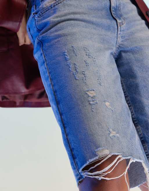 ASOS DESIGN baggy longline denim jorts with rips in bleach wash, 3 of 5